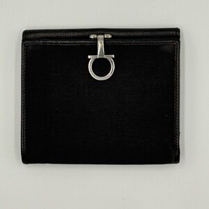 Salvatore Ferragamo Leather and Canvas Black Wallet with Silver Hinged Clasp